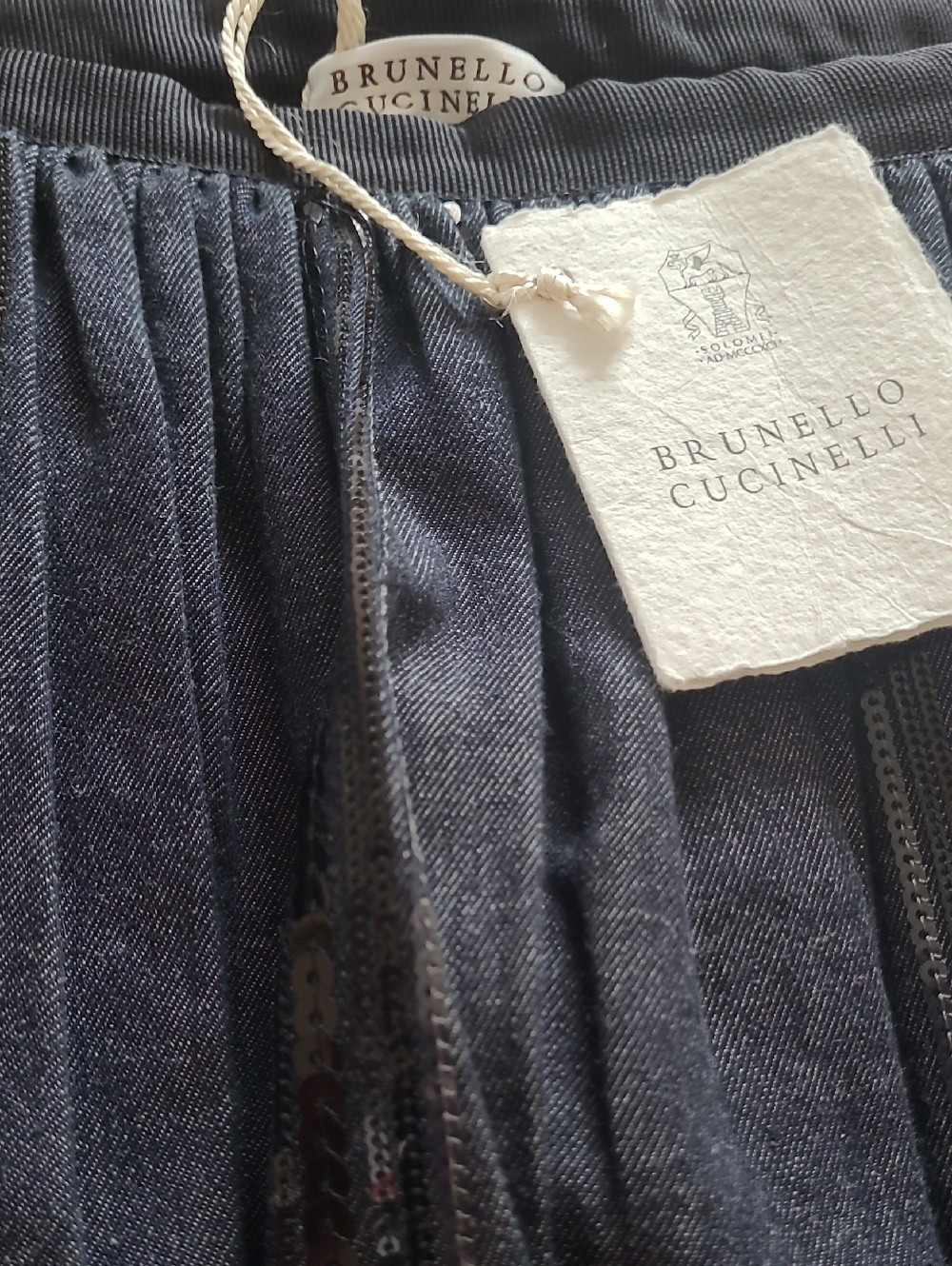 Brunello Cucinelli Dark Navy Pleated Skirt with Sequin Stripes - Picture 5 of 9